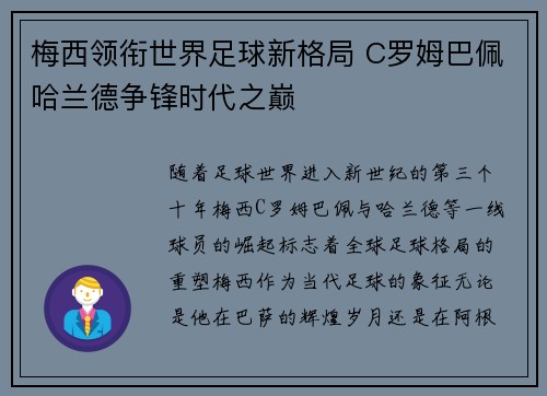 梅西领衔世界足球新格局 C罗姆巴佩哈兰德争锋时代之巅
